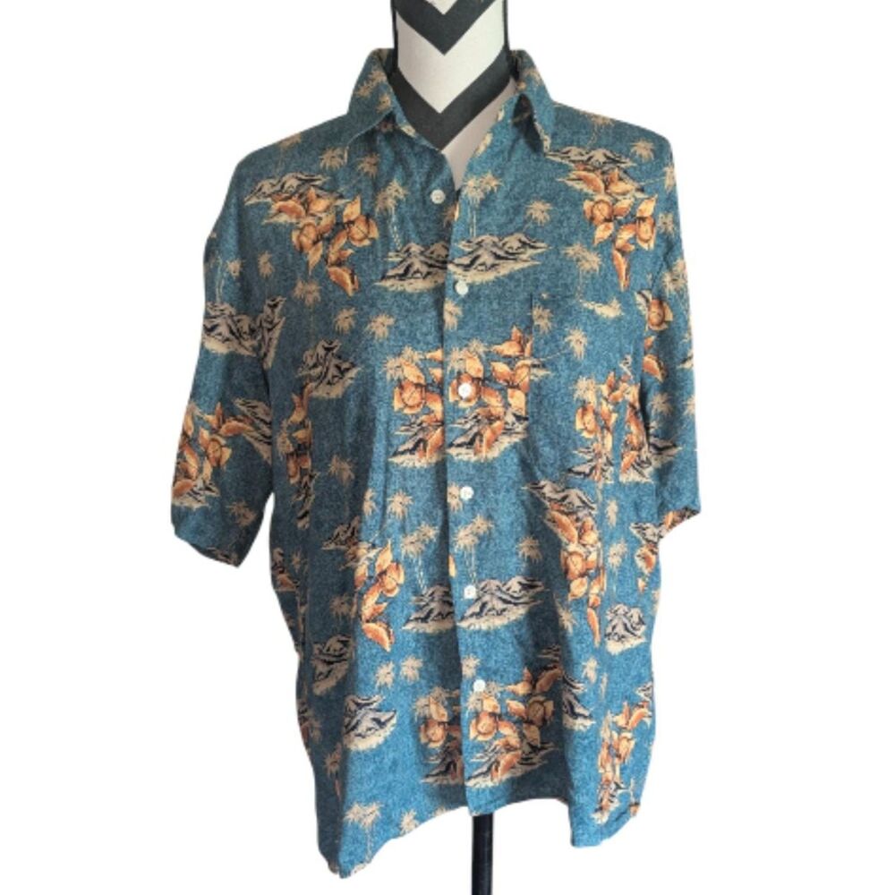 Munsingwear Hawaiian Shirt Men's M Blue Orange Floral Island Print Viscose